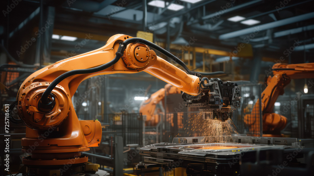 Robotic arm automation in a bustling car factory with advanced machinery.	
