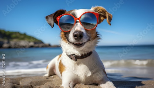 dog on the beach with sunglasses. Dog wearing sunglasses on a sandy beach in tropical destination during summer time. Dog in glasses portrait