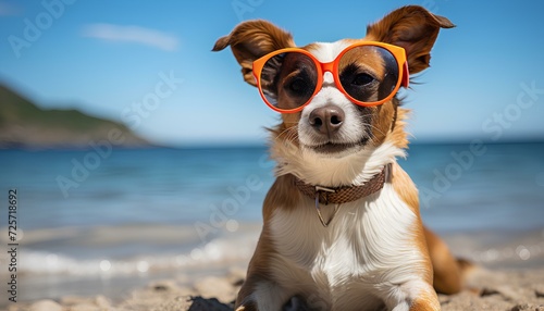 dog on the beach with sunglasses. Dog wearing sunglasses on a sandy beach in tropical destination during summer time. Dog in glasses portrait