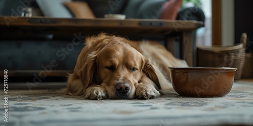 Sleepy golden retriever rests beside food bowl at home. pet lifestyle and happiness concept captured in warm, natural style. AI