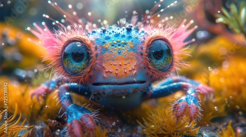 Close-up of a frog-like creature with large blue eyes. Bright funny animal