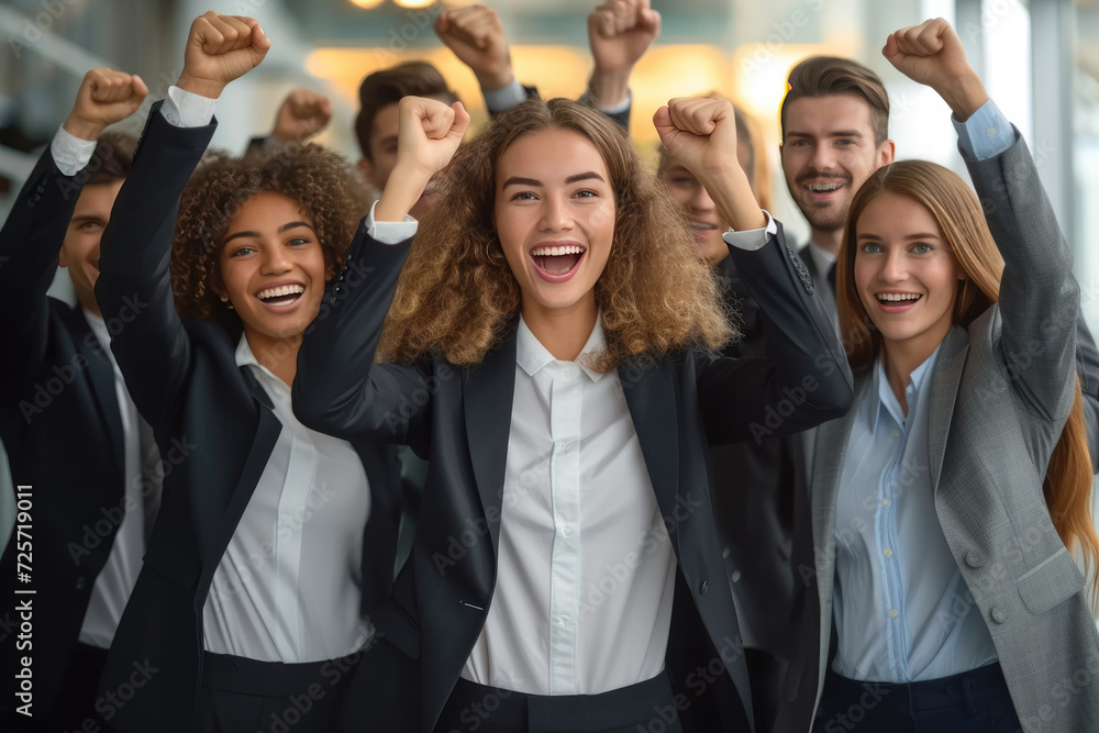 Beautiful business team in formal suits are raising hands in fists, looking at camera and smiling while standing in office. Beautiful business team in formal suits are raising hands in fists, looking at camera and smiling while standing in office.