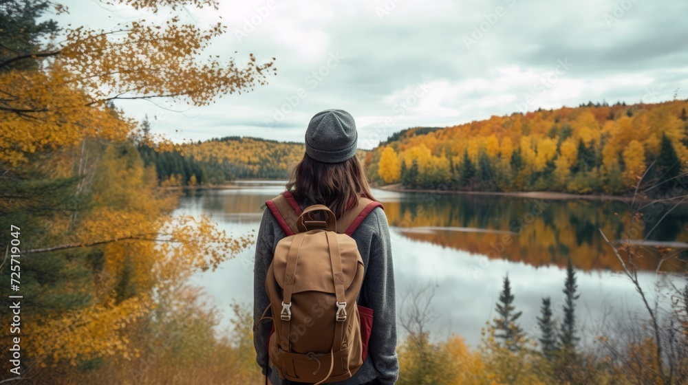 A woman with a backpack stands against the backdrop of the autumn forest and lake.