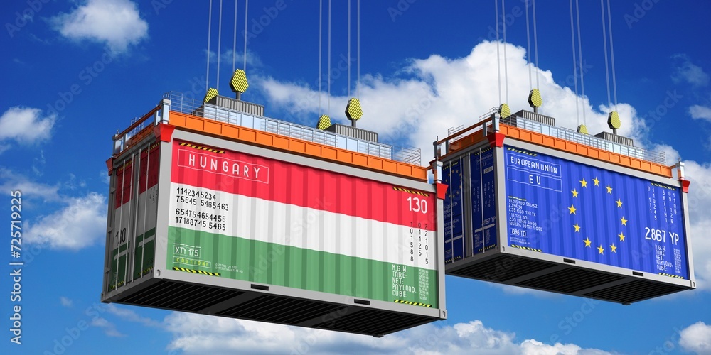 Shipping containers with flags of Hungary and European Union - 3D illustration