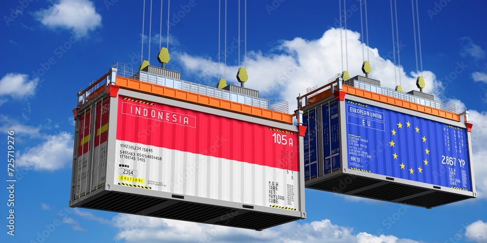 Shipping containers with flags of Indonesia and European Union - 3D illustration