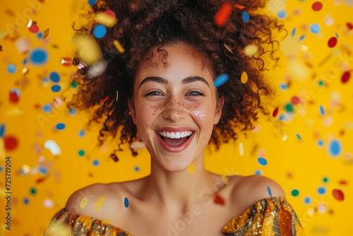 Young happy satisfied excited fun surprised amazed woman 20s with culry hair in casual clothes tossing throwing confetti isolated on plain yellow background studio portrait. People lifestyle concept.