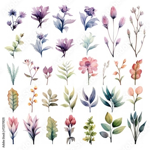 A set of watercolor plants on a white background
