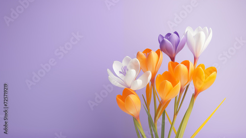 Kwiatowe fioletowe minimalistyczne tło z krokusami na życzenia z okazji Dnia Kobiet, Dnia Matki, Dnia Babci, Urodzin czy pierwszego dnia wiosny. Szablon na baner lub mockup. photo