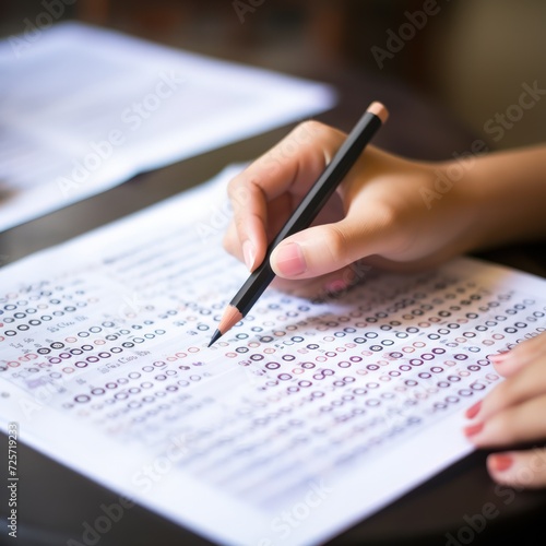 A student's hand engaged in the act of taking an exam.