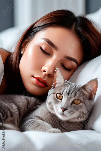 Beautiful happy women and Cute Grey breed cat on a bed.