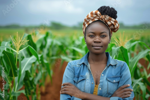 African woman Agriculture Farmer examining corn plant in field. Agricultural activity at cultivated land. Woman agronomist inspecting maize seedling.Expert inspect plant quality in green field rural..