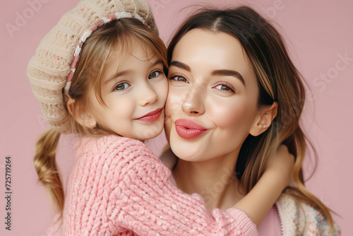 Happy fun adorable lovely woman wearing casual clothes with child kid girl 6-7 years old. Daughter kissing mother cheek, look aside isolated on plain pastel pink background. Family parent day concept.