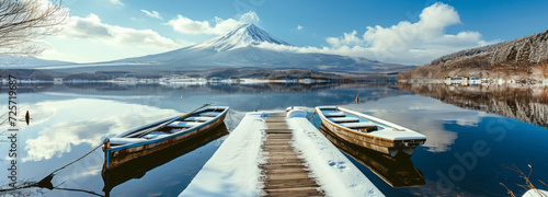 Two rowboats tethered to a wooden dock on a tranquil lake, with a majestic snow-covered mountain reflected in the still waters under a clear sky