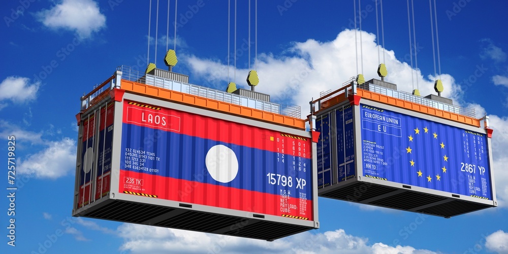 Shipping containers with flags of Laos and European Union - 3D illustration Shipping containers with flags of Laos and European Union - 3D illustration