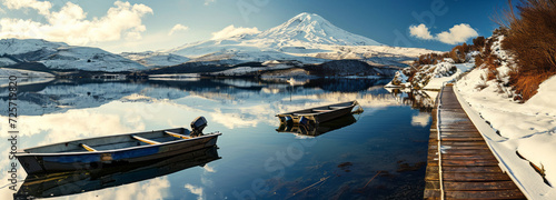 Two rowboats tethered to a wooden dock on a tranquil lake, with a majestic snow-covered mountain reflected in the still waters under a clear sky