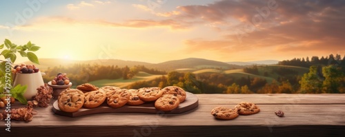 Cookies with walnuts on wooden table, healthy food concept panorama. Generative Ai. © annamaria