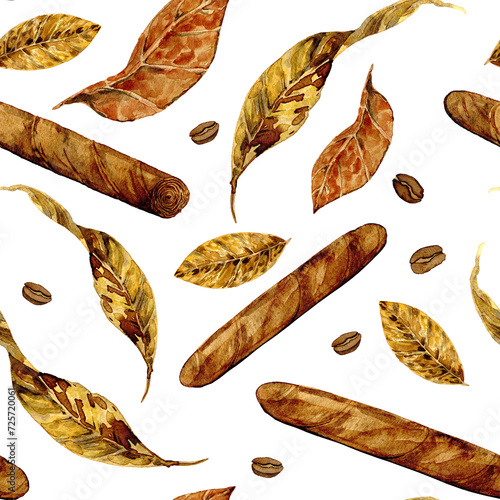 cigars, tobacco leaves and coffee beans. drawn in watercolors, for cards, posters, clipart photo