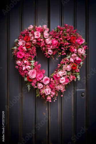 Heart-shaped wreath with roses and pink blooms on door