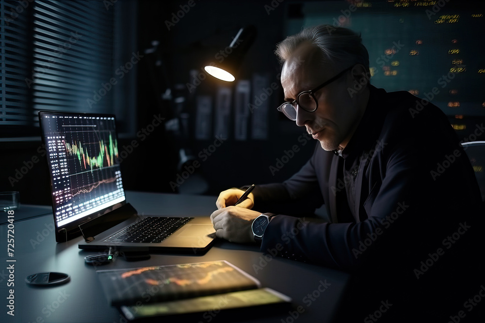 Trader works and follows the stock market chart. The man follows the graphs displayed by the laptop and notes the changes in the notebook, generative AI