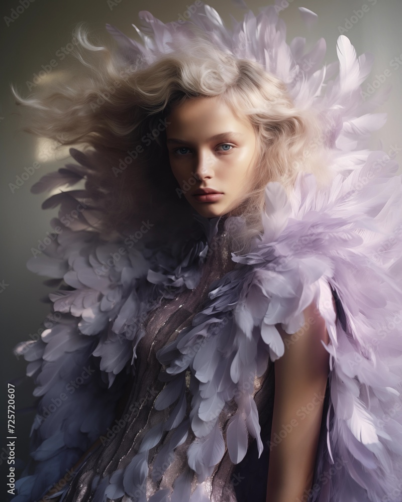AI-generated illustration of a female model posing in a pastel lavender color dress AI-generated illustration of a female model posing in a pastel lavender color dress