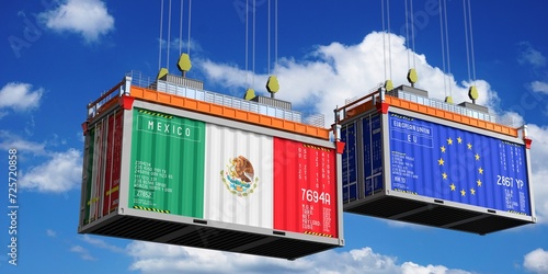 Shipping containers with flags of Mexico and European Union - 3D illustration