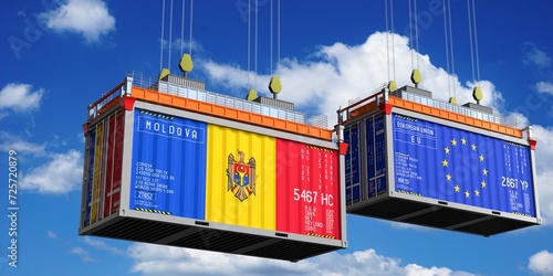 Shipping containers with flags of Moldova and European Union - 3D illustration photo