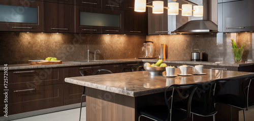 Wallpaper Mural Ideas and reference for modern kitchen interior design. Bright space. Presentation and advertising of a stylish kitchen. Wood and marble, kitchen and household appliances. Backlight. Torontodigital.ca