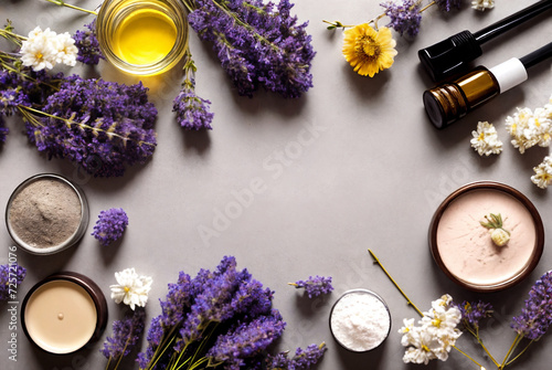 Cosmetic spa background. Natural cosmetic products with lavender sprigs.