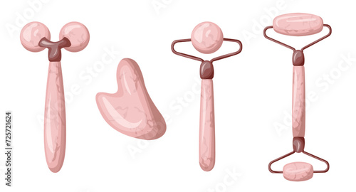 Face massage supplies.Gouacha scraper and facial massage rollers.Skin care products, beauty and spa treatments, morning routine, facelift.  Vector flat illustration in cartoon style