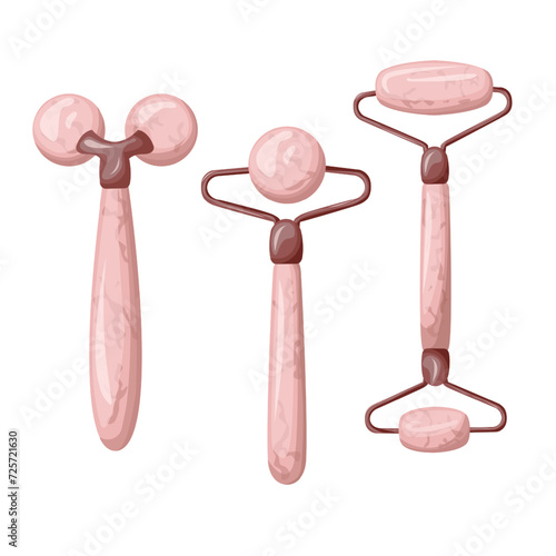 Face massage supplies. Facial massage rollers. Skin care products, beauty and spa treatments, morning routine, facelift.  Vector flat illustration in cartoon style