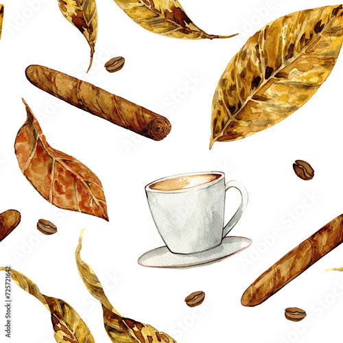 cigars and coffee with tobacco leaves drawn in watercolor, for cards, posters, clipart, pattern photo