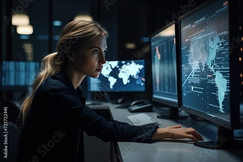 A young woman sits in the office and watches a virtual world map on the monitors, Woman Portrait with a Reflection in a Mission Control Center, generative AI.