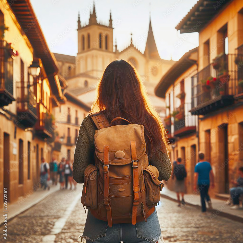 Tourist girl with backpack in the old town of Toledo, Spain