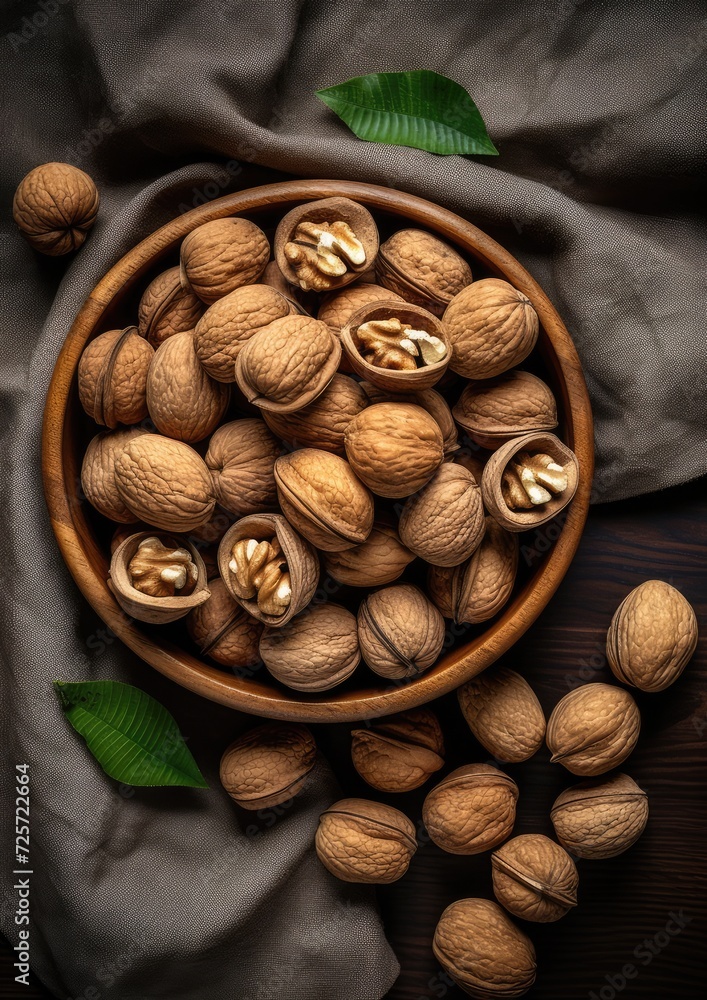 Top view of walnuts in a bowl on rustic table, healthy food. Generative Ai. Top view of walnuts in a bowl on rustic table, healthy food. Generative Ai.