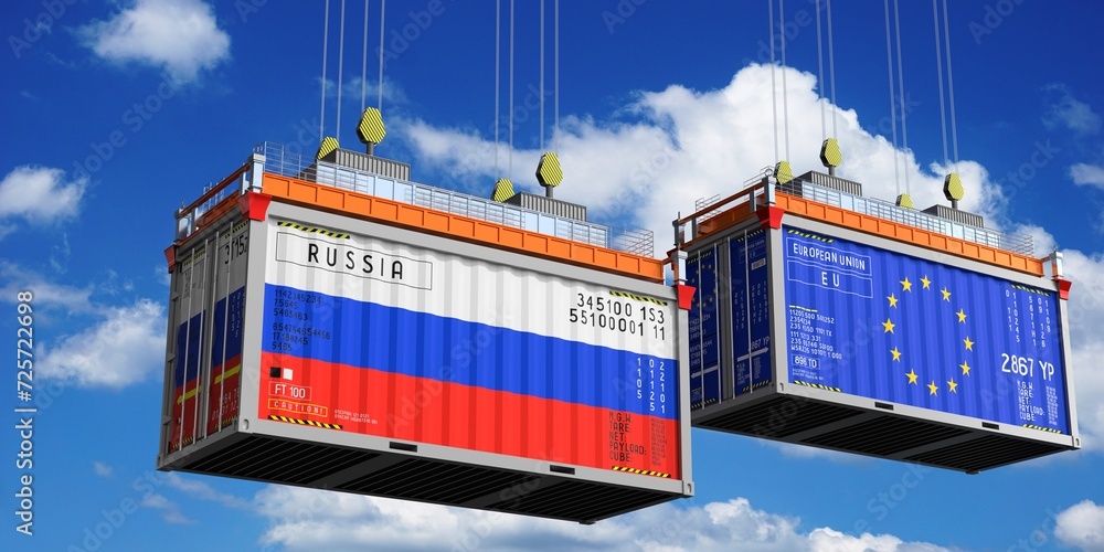 Shipping containers with flags of Russia and European Union - 3D illustration