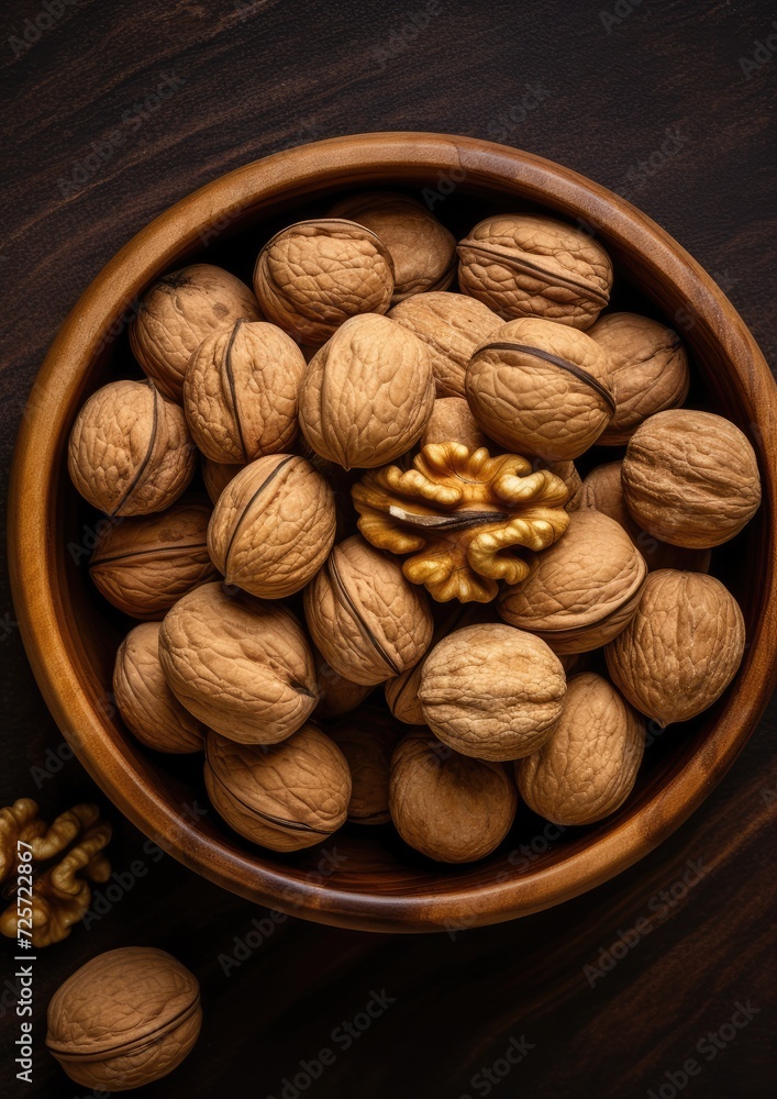 Top view of walnuts in a bowl on rustic table, healthy food. Generative Ai. Top view of walnuts in a bowl on rustic table, healthy food. Generative Ai.