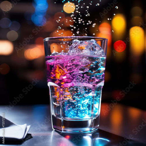colorful cocktail with splashing liquid in a glass garnished with a lemon slice, set against a blurred bar background with bokeh lights