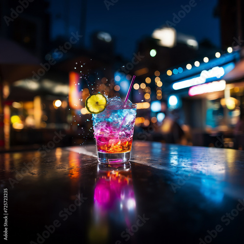colorful cocktail with splashing liquid in a glass garnished with a lemon slice, set against a blurred bar background with bokeh lights