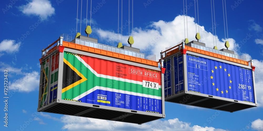 Shipping containers with flags of South Africa and European Union - 3D illustration Shipping containers with flags of South Africa and European Union - 3D illustration