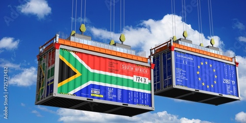 Fototapeta Naklejka Na Ścianę i Meble -  Shipping containers with flags of South Africa and European Union - 3D illustration