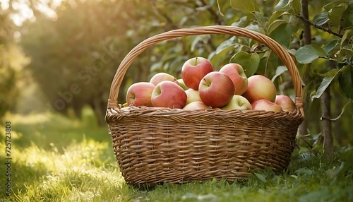 A woven basket  filled with freshly picked apples  on a sun-drenched orchard path