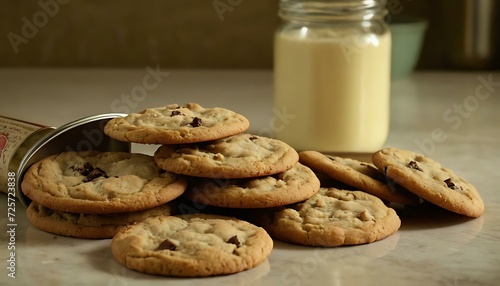 A tin of freshly baked cookies  still warm from the oven  sitting on a kitchen counter