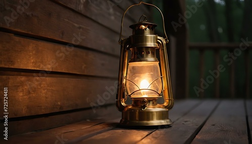 A vintage brass lantern, glowing softly with candlelight, on a weathered wooden porch