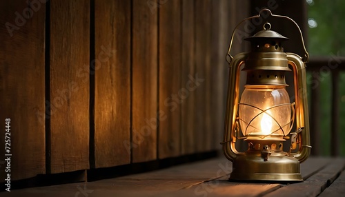 A vintage brass lantern, glowing softly with candlelight, on a weathered wooden porch