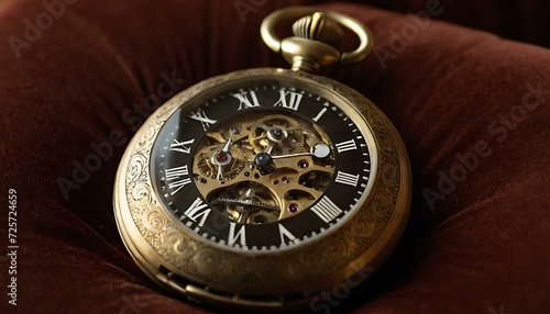 A vintage pocket watch, its intricate gears ticking softly, on a velvet cushion