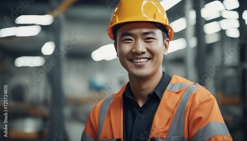 Portrait of a happy asian factory worker wearing hard hat and work clothes © Adi