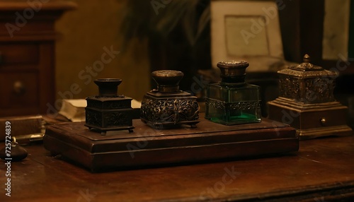 A collection of antique inkwells  each one bearing the patina of time  on a writing desk