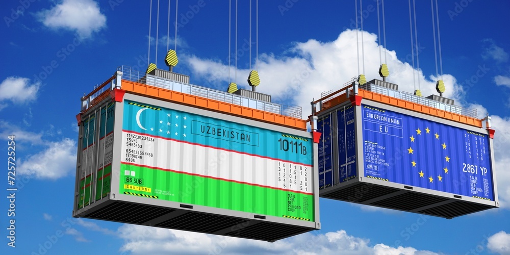 Shipping containers with flags of Uzbekistan and European Union - 3D illustration Shipping containers with flags of Uzbekistan and European Union - 3D illustration