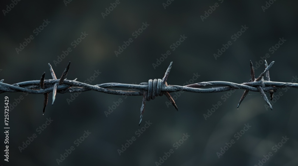 A detailed view of a barbed wire fence. Suitable for use in security, confinement, or boundary-related projects - obrazy, fototapety, plakaty 