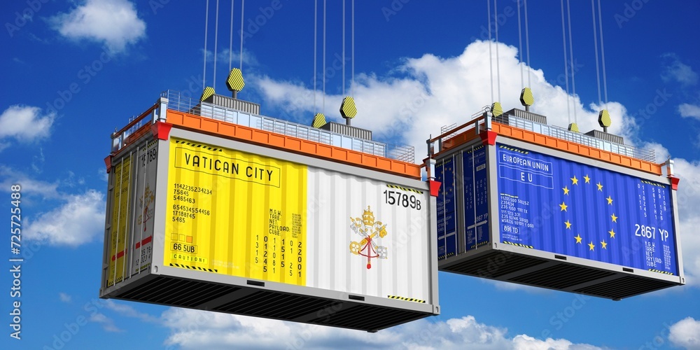 Shipping containers with flags of Vatican City and European Union - 3D illustration Shipping containers with flags of Vatican City and European Union - 3D illustration